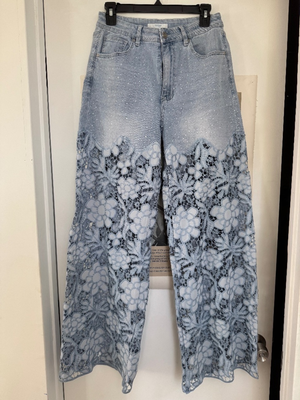 BAYEAS Super High Rise Lace Rhinestone Wide Leg Jeans